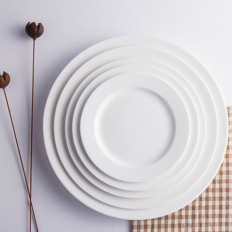 Hotel Restaurant Tableware Table Pure White Bone China Flat Plate Dish Western Steak Plate Round Plate Buffet Plate