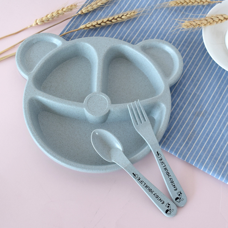 Wheat Straw Cartoon Children Divided Plate Eating Kindergarten Students 3-Piece Tableware Set Factory 0779