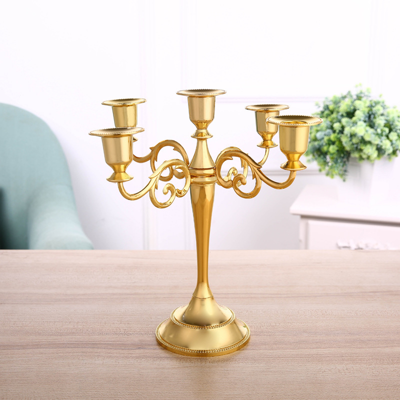 摆件烛台 欧式复古婚礼酒店装饰用品三头金色烛台直销  蜡烛台