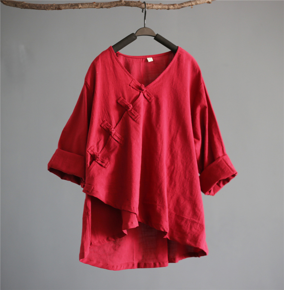 Warm and cozy, retro, irregular button-up shirt, smock, artistic and casual, solid color shirt for ladies Specification image