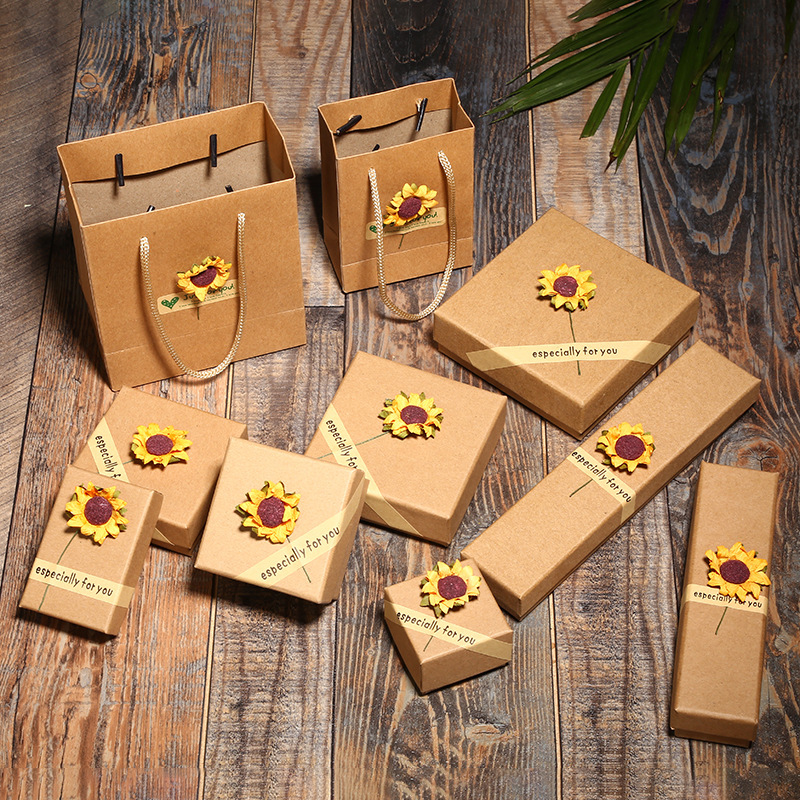 Kraft Paper Jewelry Box Sunflower Decal Cover Jewelry Box Hand Bag Set Gift Box Wholesale