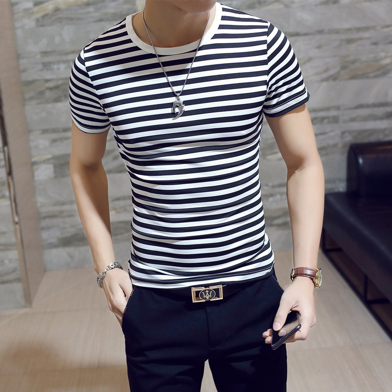 夏季韩版圆领男装条纹t恤男式短袖潮流男式体恤一件代发详情图4