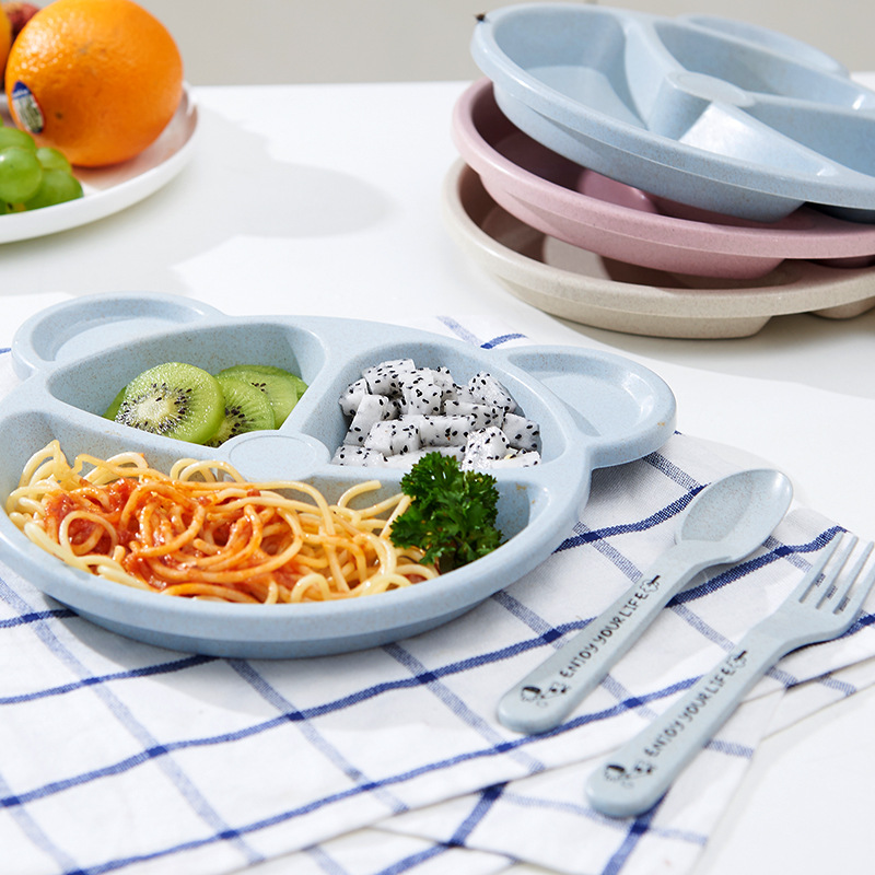 Wheat Straw Cartoon Children Divided Plate Eating Kindergarten Students 3-Piece Tableware Set Factory 0779 details Picture