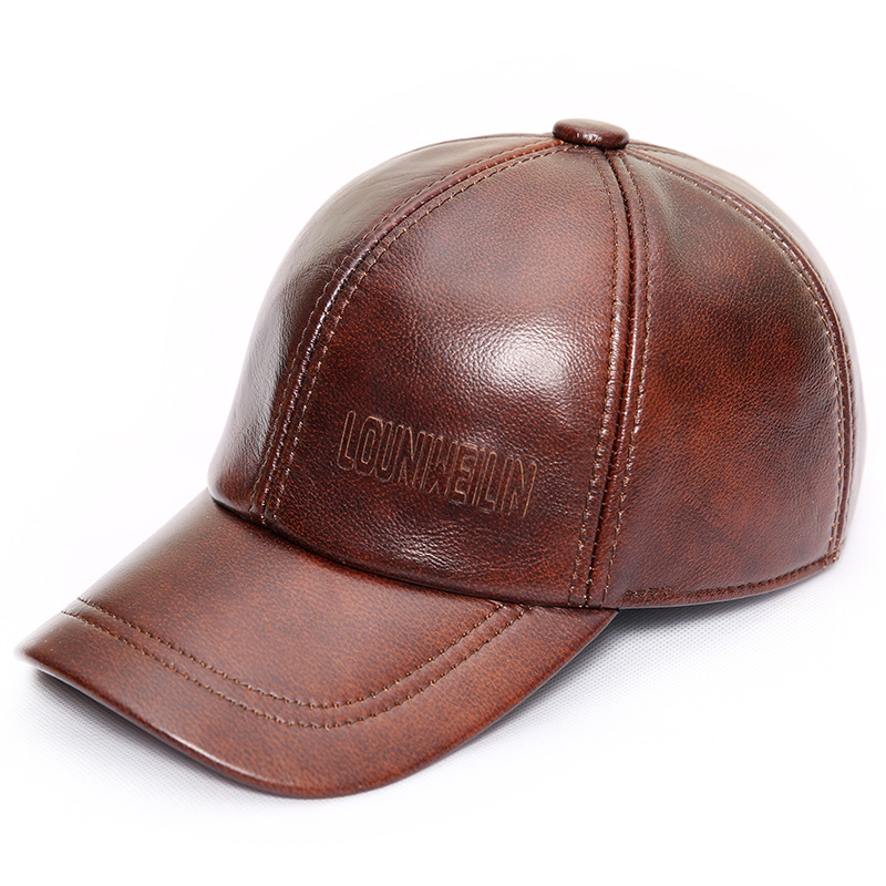 Haining genuine leather duck tongue baseball cap, men's cowhide sun hat for autumn and winter, outdoor sports and casual single leather hat details Picture