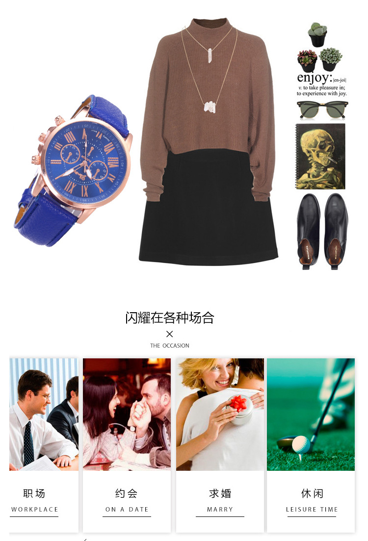 New ladies' leather strap watch, Geneva quartz leather strap, fashionable women's watch, men's watch with scale pic 38