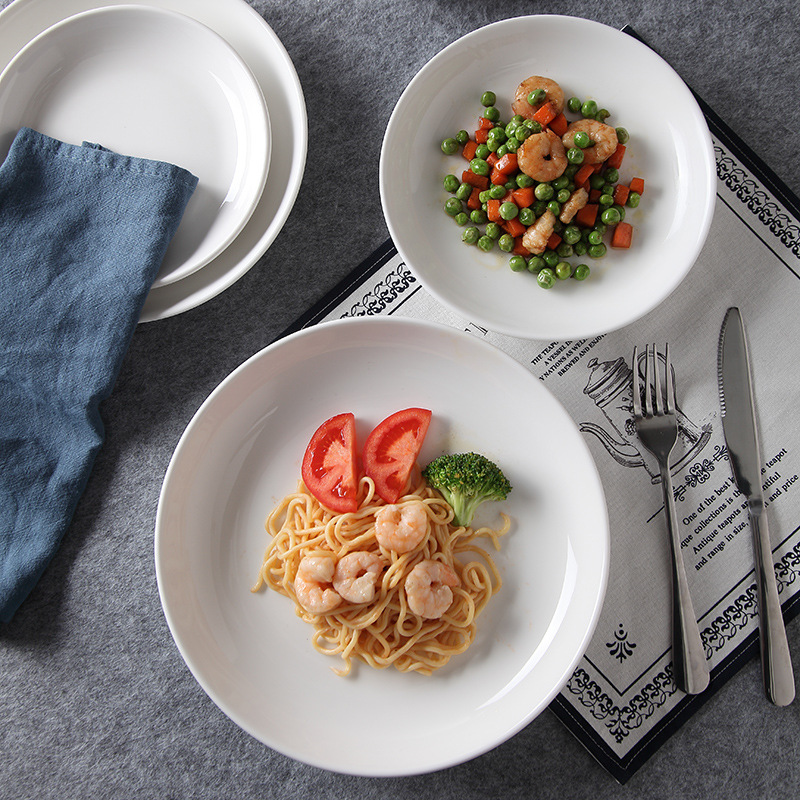 Diced pepper fish head deep plate, pure white ceramic rice plate, fruit cake plate, household vegetable plate, breakfast plate, soup plate, meal details Picture