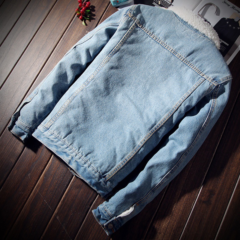 Winter Cashmere Denim Coat Men Slim Thick Jacket Imitation Lamb Wool Youth Cotton-Padded Male Coat Autumn Tide details Picture