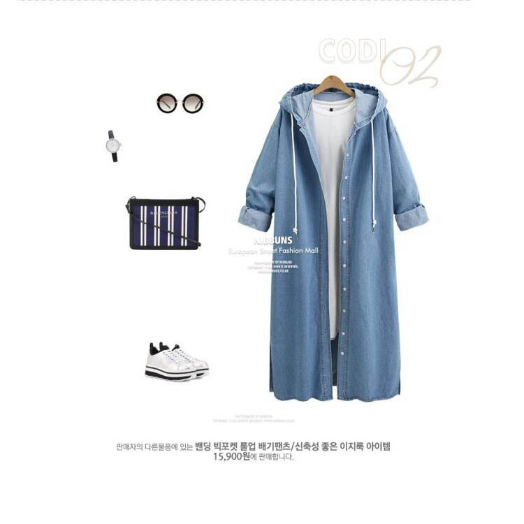 Fat Mm Large Size Loose Denim Coat Female Spring And Autumn Wear Long Sleeve Hooded Denim Cardigan Bf Woman Trench Coat Specification drawing
