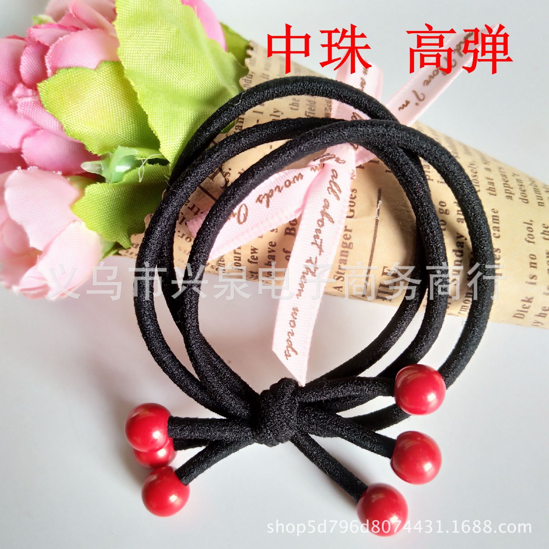 No. 60 three-strand red bead headband, medium-sized red bead rubber band, three-strand headband, double-strand headband, one-yuan store, two-yuan store, accessory supply details Picture