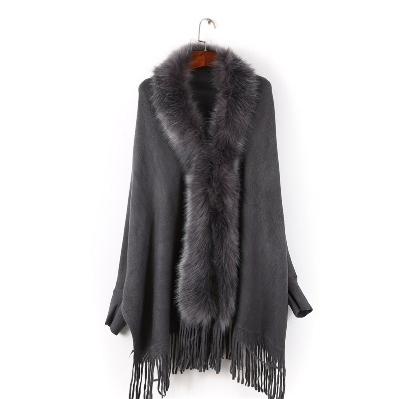 Autumn And Winter New Fashion Women's Cape Cardigan Artificial Fur Pure Color With Sleeves Long Fringe Hem Cape Wholesale Specification drawing