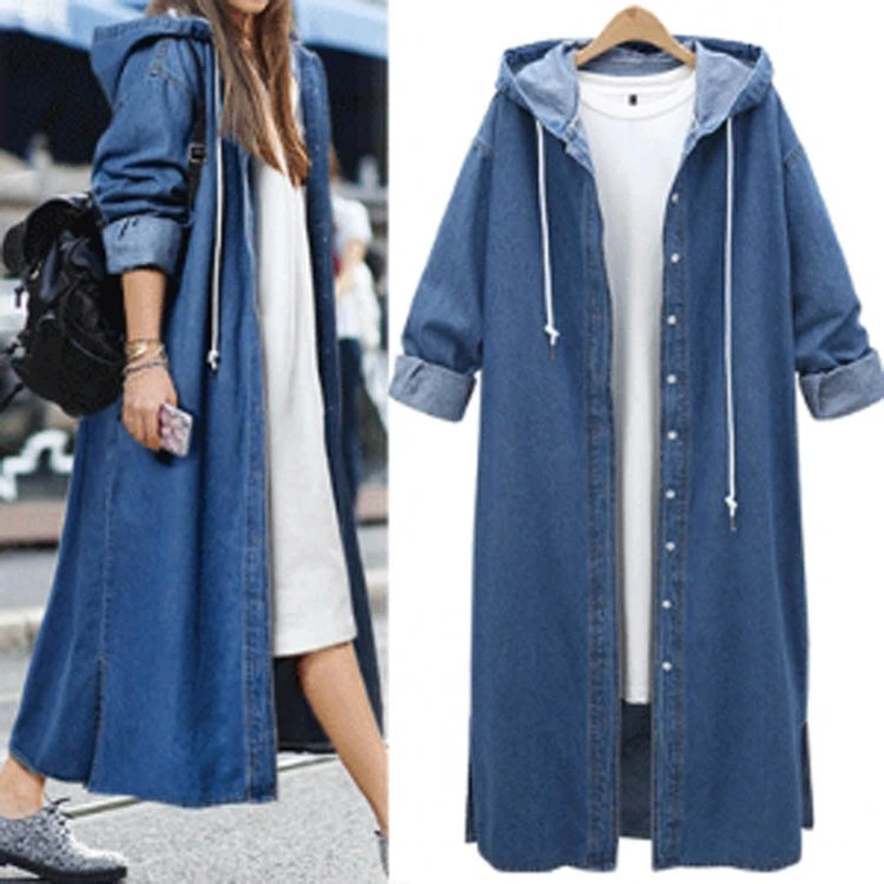 Fat Mm Large Size Loose Denim Coat Female Spring And Autumn Wear Long Sleeve Hooded Denim Cardigan Bf Woman Trench Coat