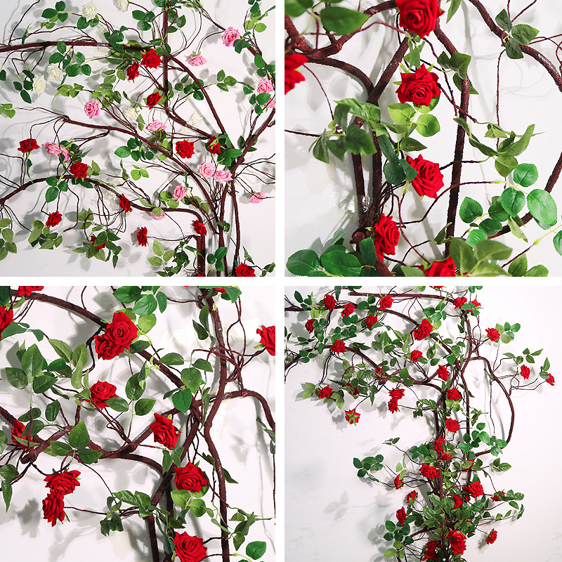 Simulación rosa flor vid árbol falso ratán tira planta plástico ratán decoración del hogar ingeniería decoración de pared interior sala de estar Specification image