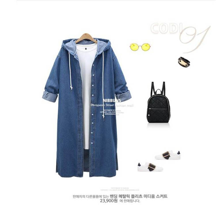Fat Mm Large Size Loose Denim Coat Female Spring And Autumn Wear Long Sleeve Hooded Denim Cardigan Bf Woman Trench Coat details Picture