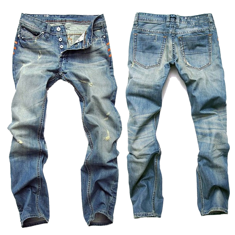 Foreign trade men's wear ripped vintage jeans, light blue straight slim button men's European and American jeans 8873