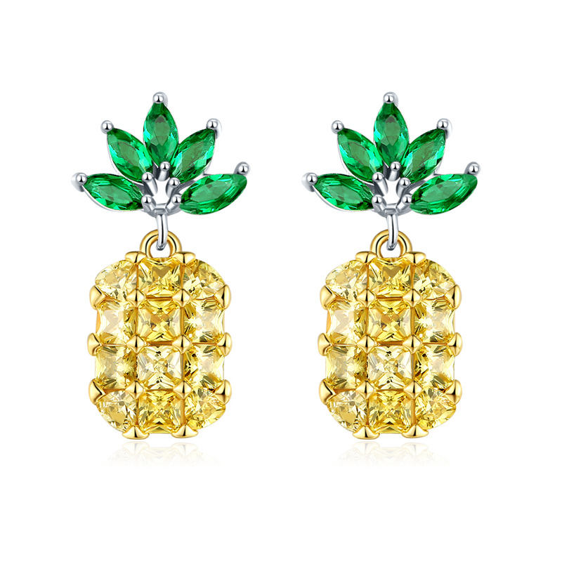 Kashi copper Zircon earrings Korean version creative Pineapple Stud earrings Fruit Pineapple Stud Earrings Fashionable Zircon earrings