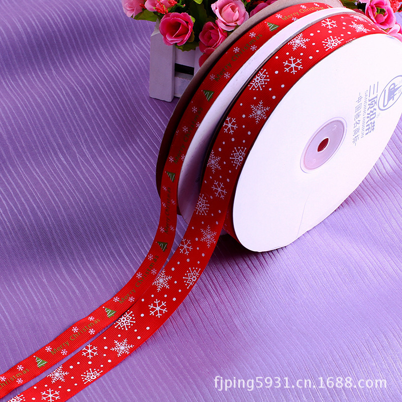 印花彩色涤纶带不易起皱彩色丝带圣诞节红色平纹织带印刷白色雪花