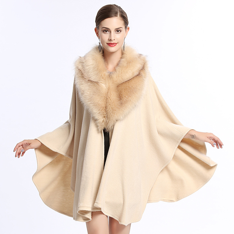 1168# European and American style autumn and winter new faux fox fur large collar loose plus-size knitted shawl cape knitted sweater details Picture