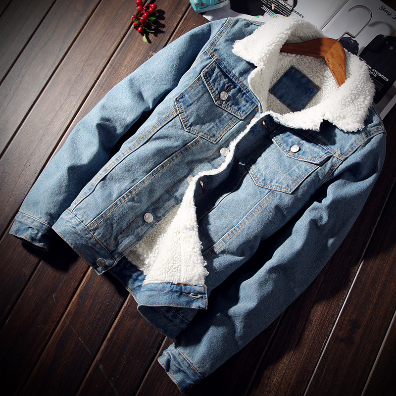 Winter Cashmere Denim Coat Men Slim Thick Jacket Imitation Lamb Wool Youth Cotton-Padded Male Coat Autumn Tide