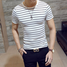 夏季韩版圆领男装条纹t恤男式短袖潮流男式体恤一件代发