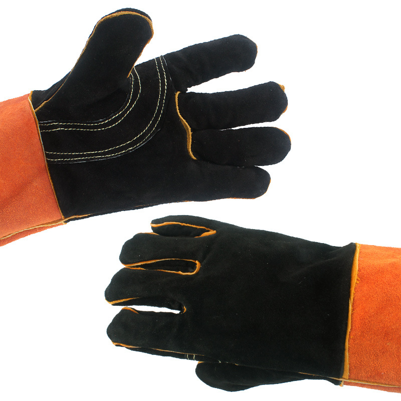 Outdoor BBQ gloves, camping, fire, barbecue, cowhide high-temperature resistant, heat-insulating, thickened and lengthened welded protective gloves details Picture