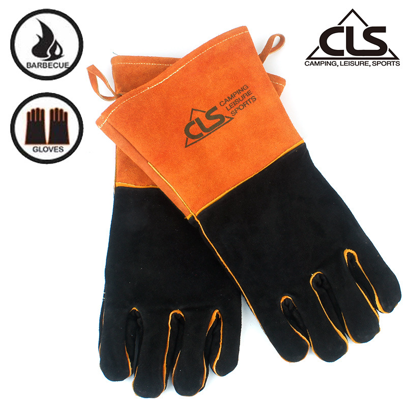 Outdoor BBQ gloves camping fire barbecue cowhide high temperature resistance heat insulation thickened lengthening welding protective gloves
