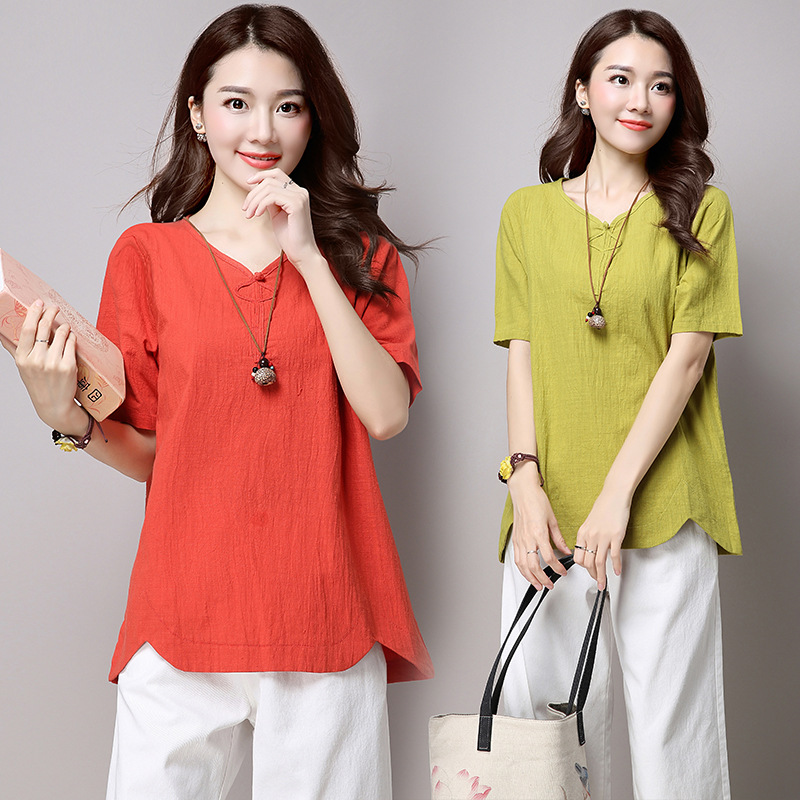 实拍3260#2022年夏新款棉麻大码女装文艺复古短袖T恤