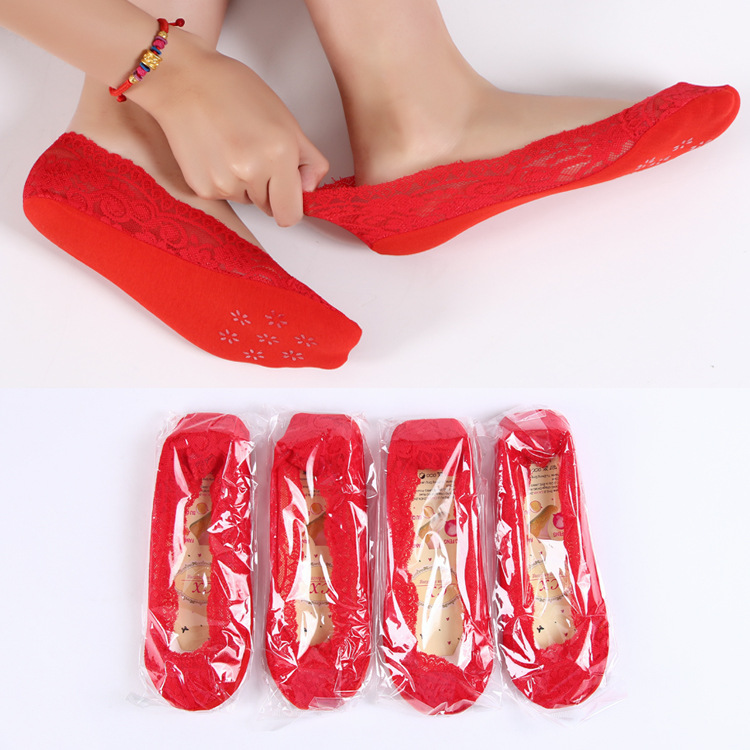 Calcetines de encaje rojo grandes calcetines de mujer invisibles de boda calcetines de barco antideslizante de silicona calcetines de mujer de año de vida calcetines de fiesta