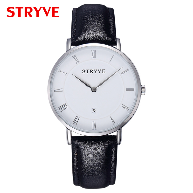 新款STRYVE男士简约薄款防水日历休闲石英真皮表带手表s6001