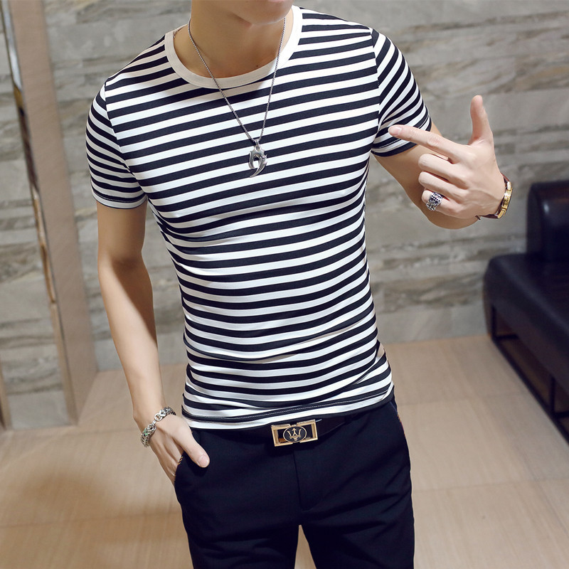 夏季韩版圆领男装条纹t恤男式短袖潮流男式体恤一件代发详情图2