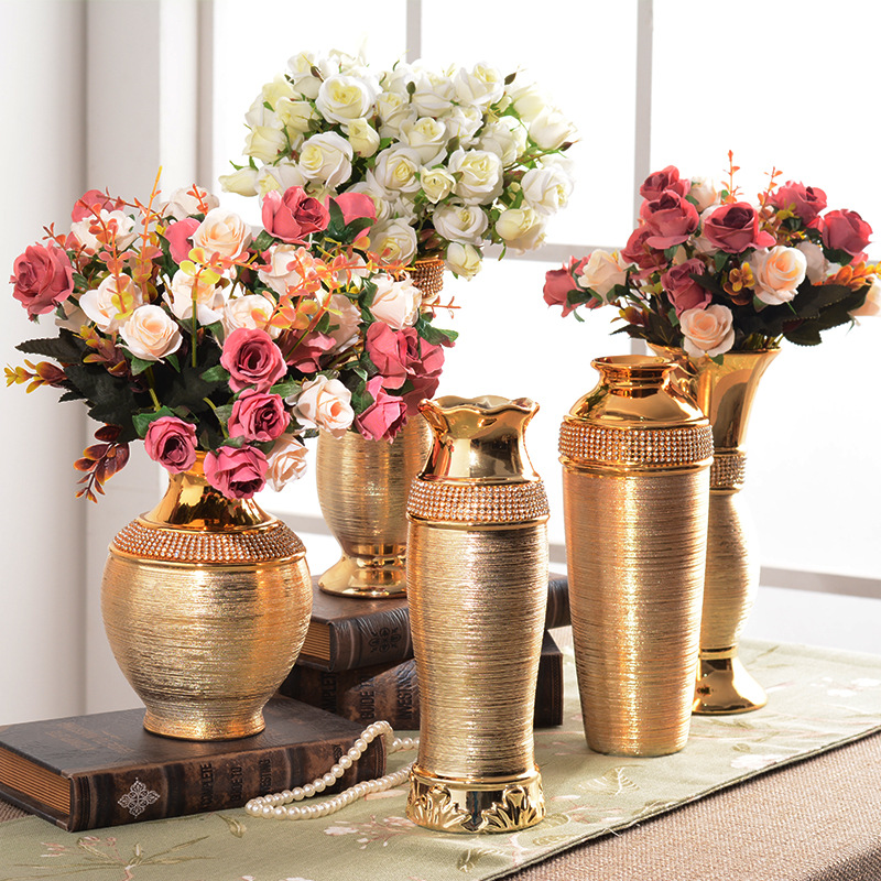 Estilo europeo electrochapado cerámica pequeña botella de flores de oro escovado exposición sala de muestra boda florista tienda de regalos al por mayor buda ofrenda a los dioses flores Specification image