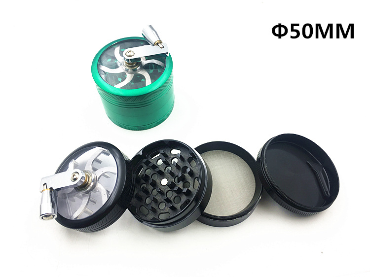 跨境专供锌合金磨烟器四层塑料手摇铝制金属碎烟器磨烟盒打火机白底实物图