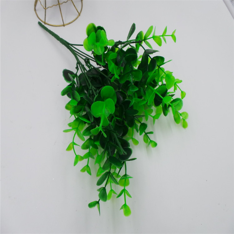 Factory direct sales simulation of green plants small pot big eucalyptus money leaves fake plastic flowers with grass 7 fork 35 mesh Specification drawing