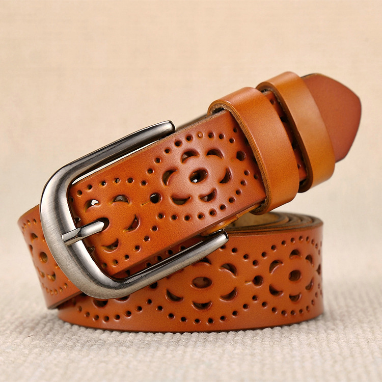 Women's Leather Belt Casual Hollow Belt Women's Fine Decoration Simple Fashion Needle Buckle Belt Pure Cowhide details Picture
