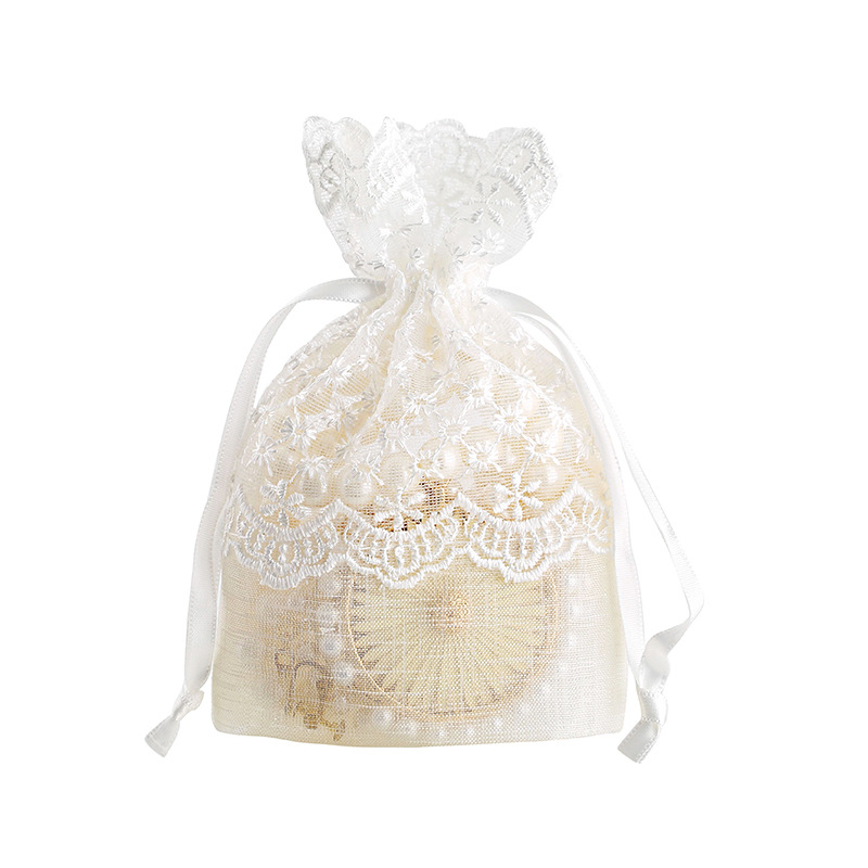 New style drawstring bag, white starry lace drawstring yarn bag in stock, bamboo joint yarn jewelry gift bag, lace storage bag Item Picture