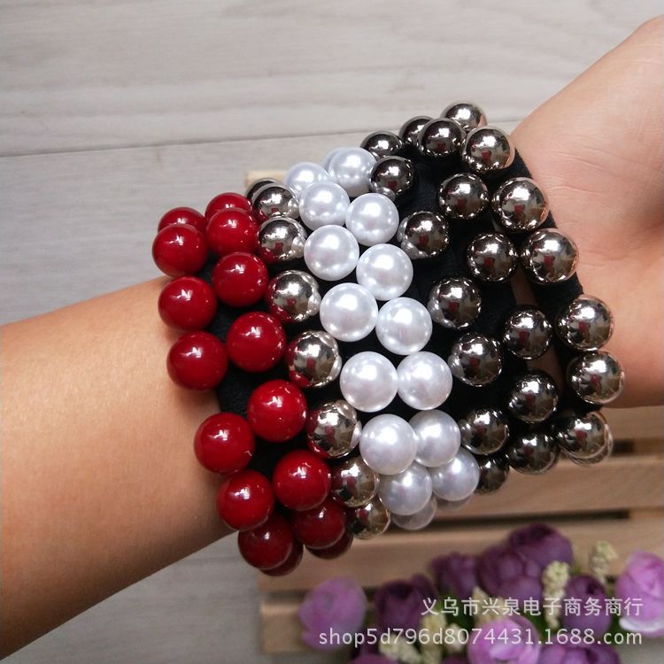 【 No. 56 Hair Tie 】16 beads 100 per bundle Korean style hair tie 16 beads Hair band pearl leather band seamless hair tie One yuan fashionable hair accessory wholesale supply