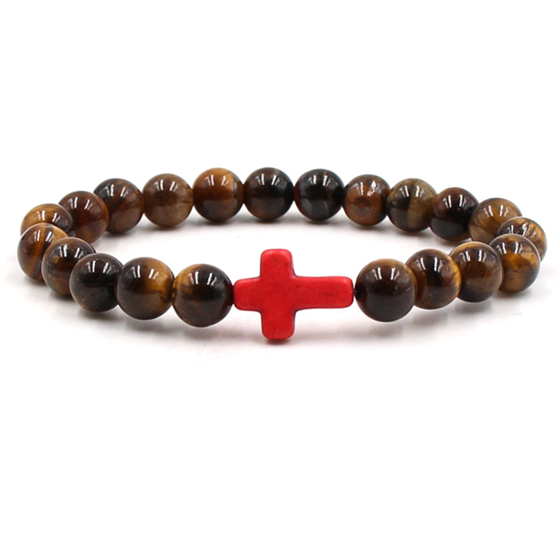 Europe And The United States Foreign Trade Express Amazon Hot Selling Pine Stone Cross Tiger Eye Stone Hand String Rosary Beads String Couple Bracelet Gift Manufacturers Wholesale details Picture