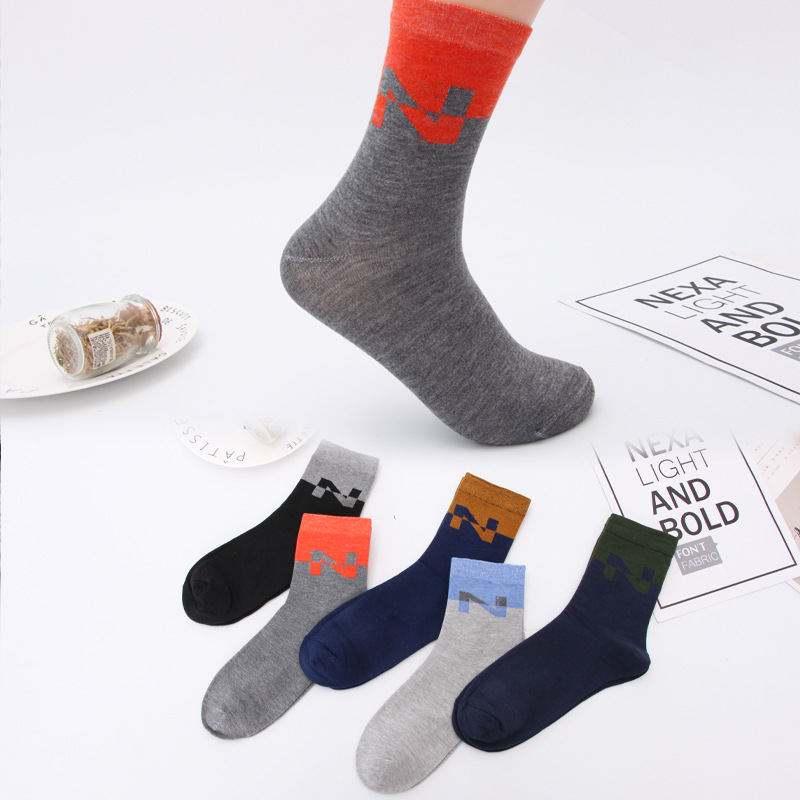 Men's colorful all-cotton socks for autumn and winter, mid-calf casual business socks, small hanging flower color-blocking men's socks manufacturer wholesale Specification image
