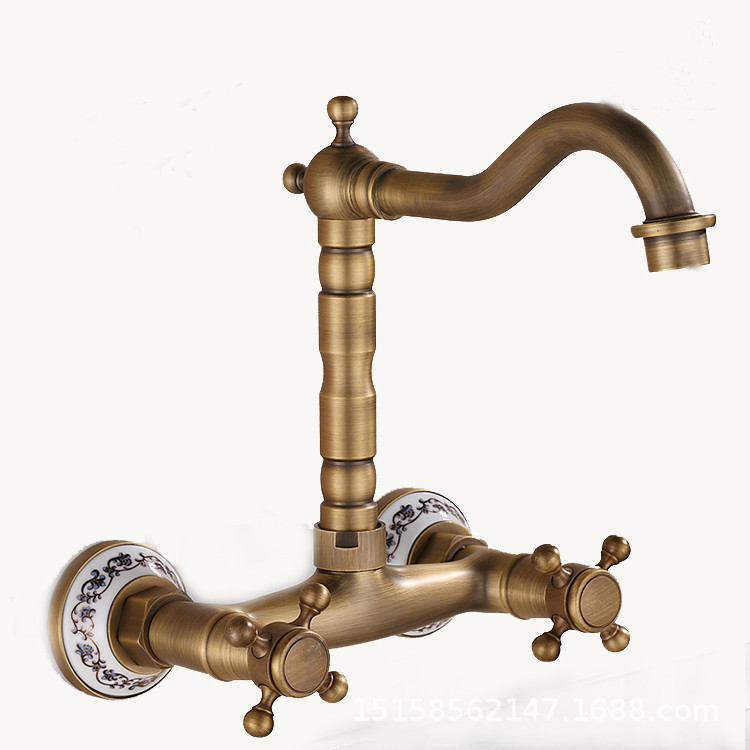European-style all-copper home decoration, antique and simple wall-mounted kitchen faucet, rotatable kitchen sink, cold and hot water faucet Specification image