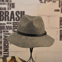 Hat female autumn and winter leather buckle wool hat casual large brim felt hat grey retro top hat English jazz hat
