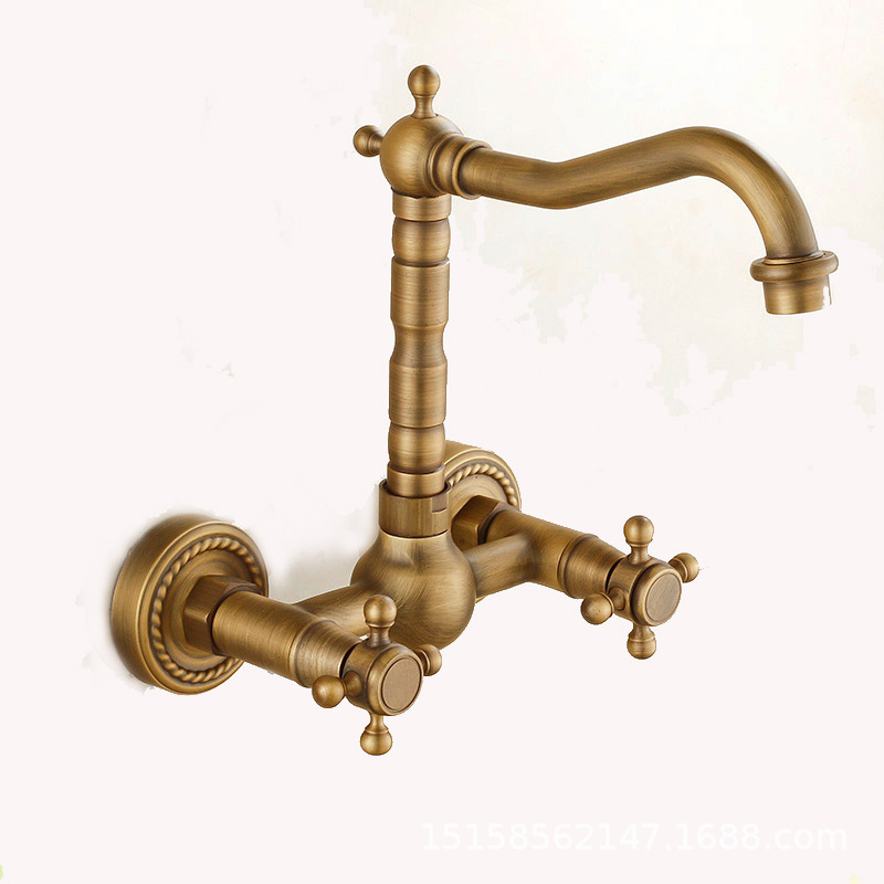 European-style all-copper home decoration, antique and simple wall-mounted kitchen faucet, rotatable kitchen sink, cold and hot water faucet