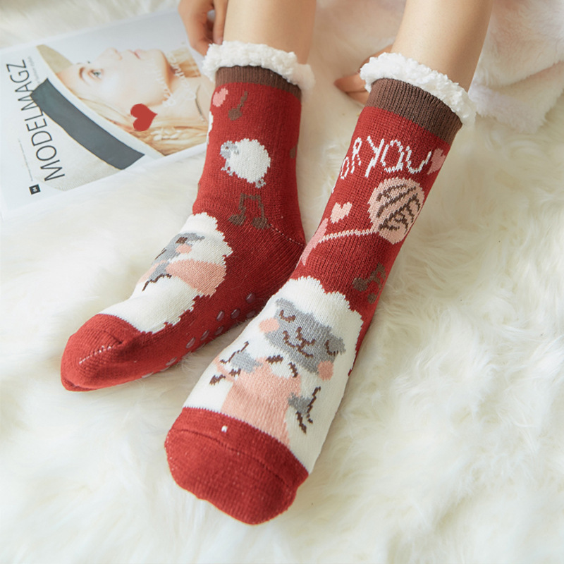 圣诞袜家居地毯地板袜大人雪地袜女腿套月子珊瑚绒睡眠袜子拖鞋袜详情图3