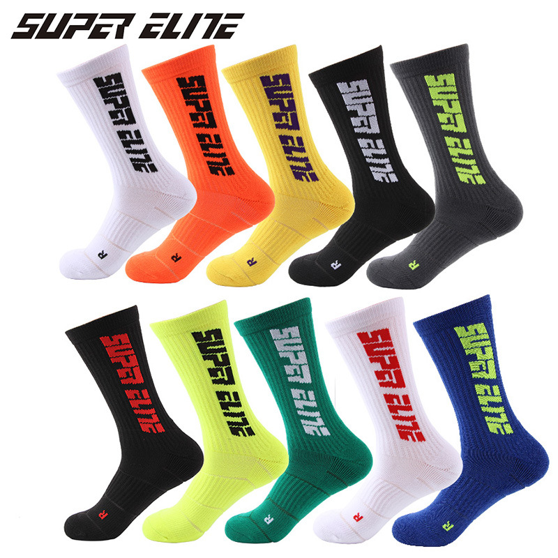 Men's basketball socks, elite socks, letter fluorescent left and right feet, towel soles, fission trend sports socks, anti-slip trend socks