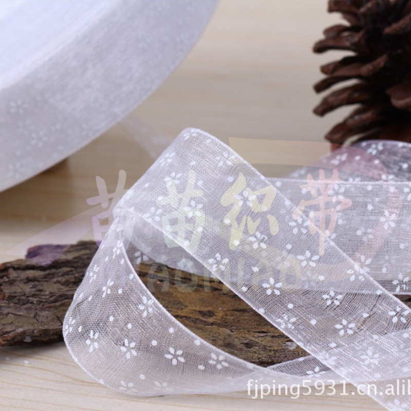 2.5cm printed snow yarn ribbon with single-color small flower webbing, cute pure white bow webbing wholesale details Picture