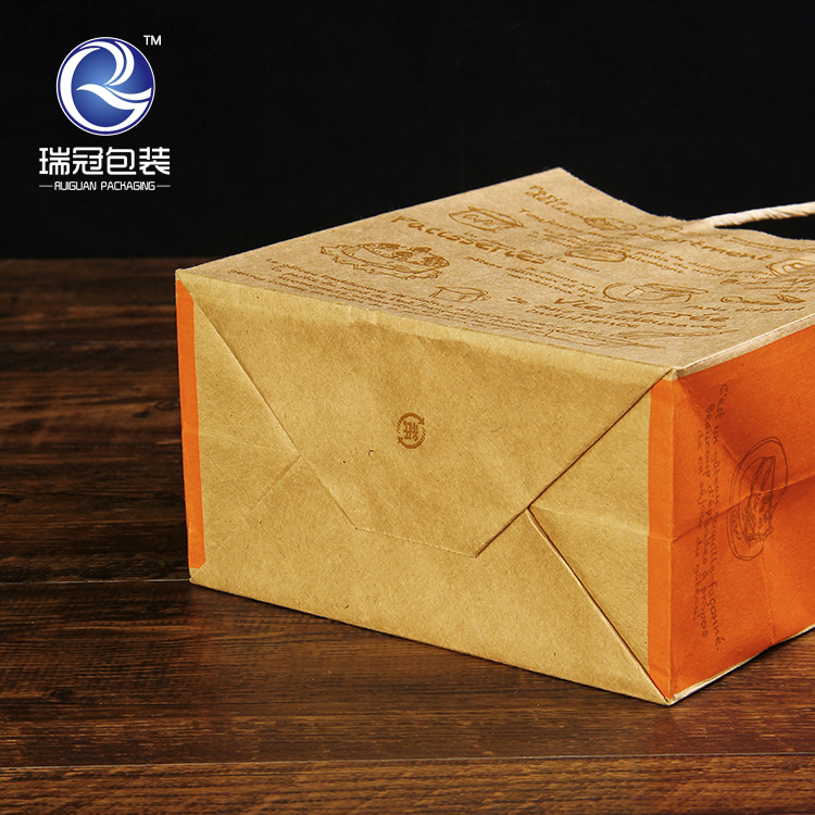 New Two-Color Kraft Paper Splicing Orange Tote Bag Baking Cake Packaging Bag Snack Food Packing Bag Application Scenario