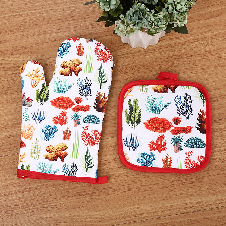 【LOVELY HOME】 Marine animal Print Microwave Gloves Thermal Mat Thermal Mat Two-piece kitchen set details Picture
