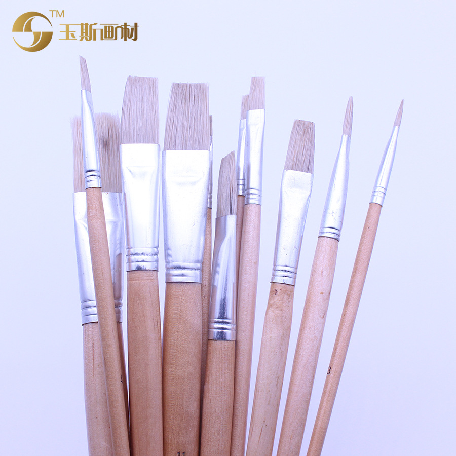 Factory Direct Sales 579 Flat Head Pig Hair Bristle Single Long Pole Oil Paint Acrylic Paint Wholesale Can Be Customized details Picture