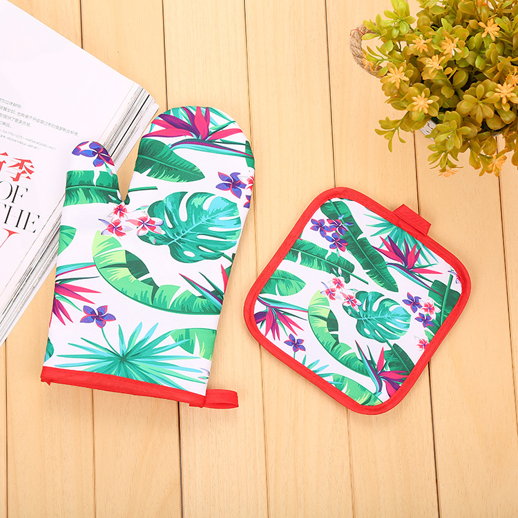 【LOVELY HOME】【 Hold Jia 】 Factory direct sales INS Green plant microwave oven gloves thickened insulation two-piece set digital printing baking two-piece set Specification drawing