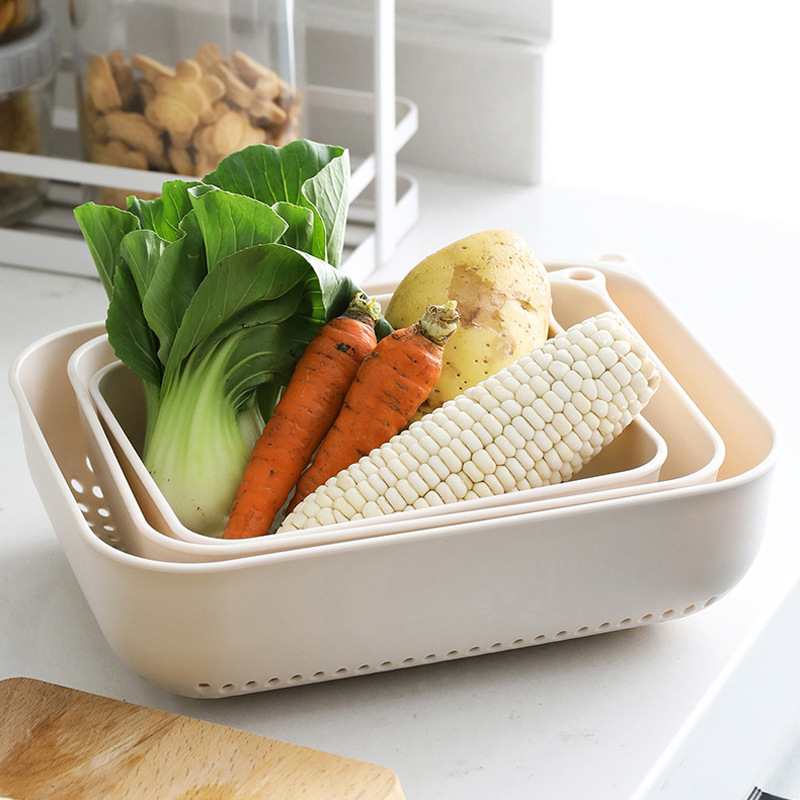 A rectangular kitchen, a three-piece set of fruit and vegetable storage baskets, a draining basket, a plastic sink for washing vegetables, and a creative home fruit wash Specification image
