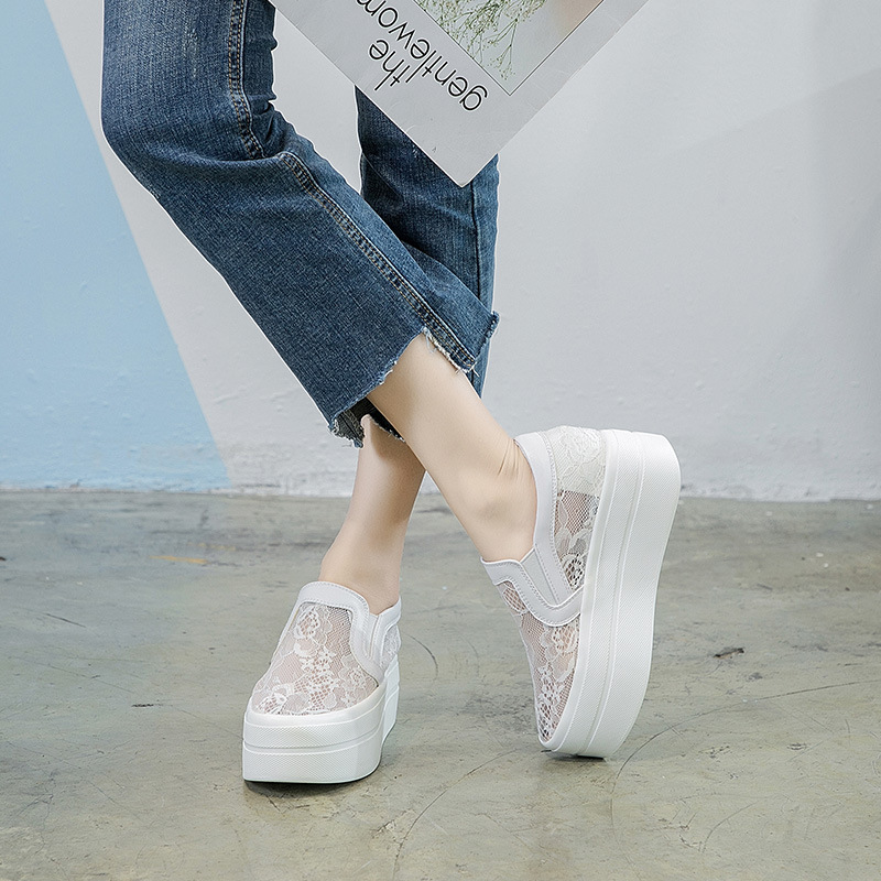 Summer New Women's Shoes Thick Sole Gauze Hollow Breathable Women's Casual Single Shoes Lace Elastic Increase Platform Shoes details Picture