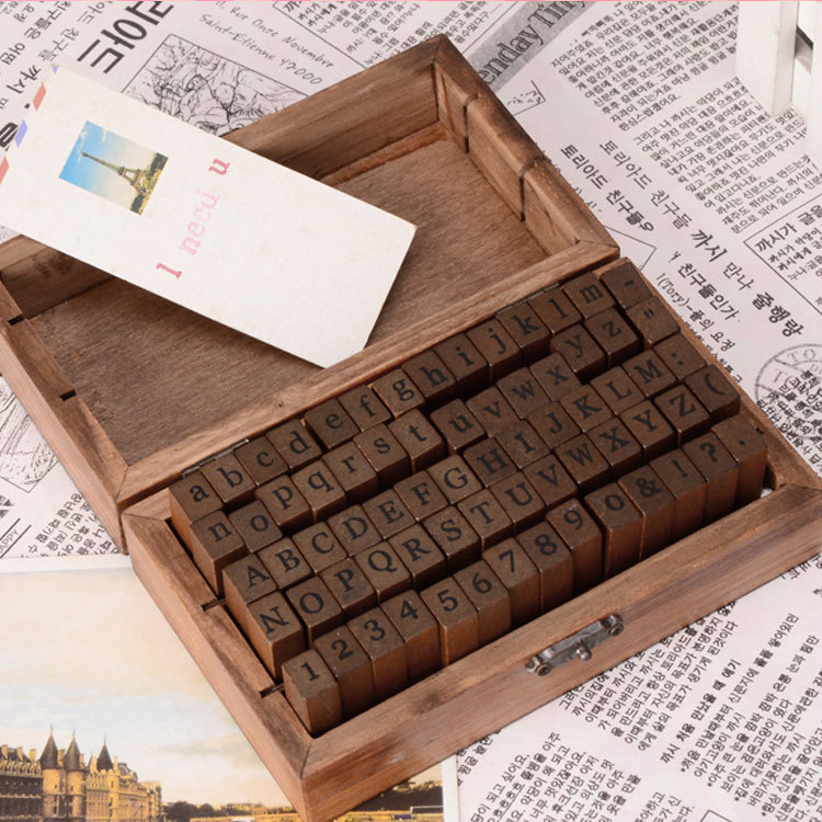 Factory direct supply of 70 retro alphanumeric and numeral DIY decorative stamps in wooden boxes